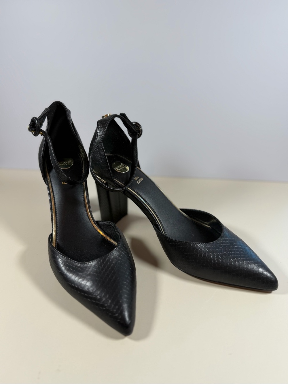 Pointed Black Ankle-Strap Block Heels